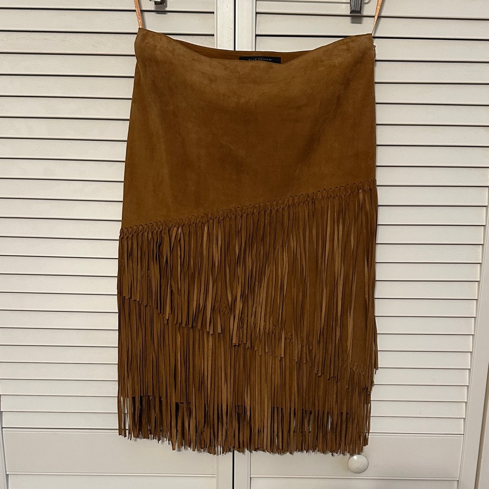 Elie Tahari Brown Asymmetrical Fringe Skirt